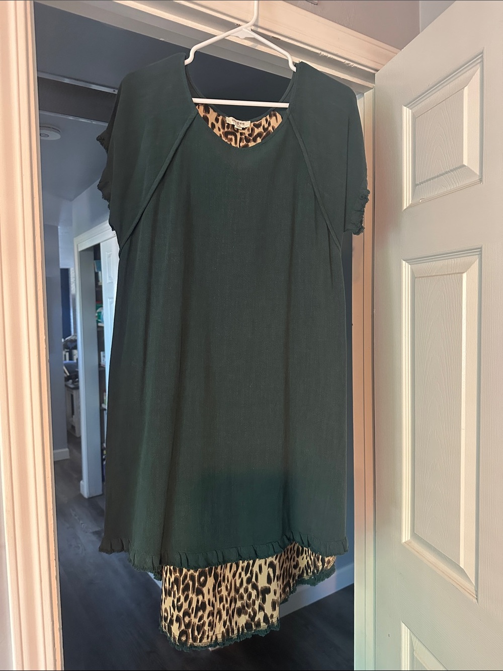 Umgee Forest Green Short Sleeve Tunic with Leopard Hem